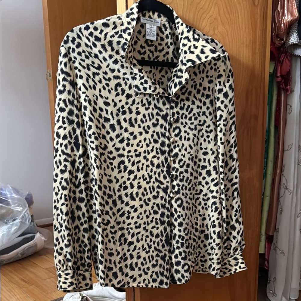 Dior 100% silk Leopard Print Blouse - Black and beige